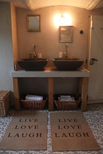 zwei Waschbecken auf einer Theke in einem Badezimmer mit zwei Spiegeln in der Unterkunft Op de Borgh in Laar