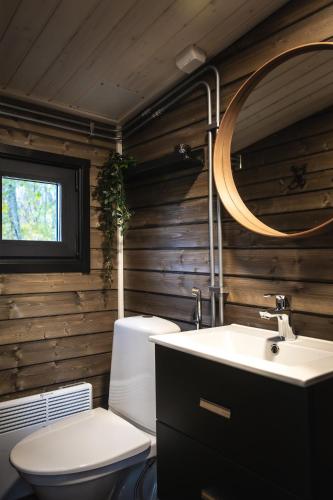 ein Badezimmer mit Toilette, Waschbecken und Spiegel in der Unterkunft Aava Riverside in Rovaniemi