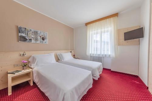 a hotel room with two beds and a television at Hotel Sorapiss in Misurina