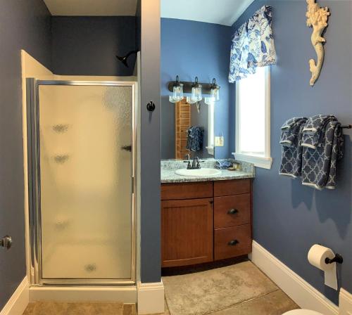a bathroom with a shower and a sink at Lady Mary Angeline in Saint Ignace