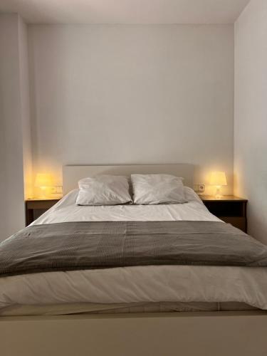Un dormitorio con una cama grande con dos mesitas de noche. en Acojedor apartmento, centro con patio, en Sabadell