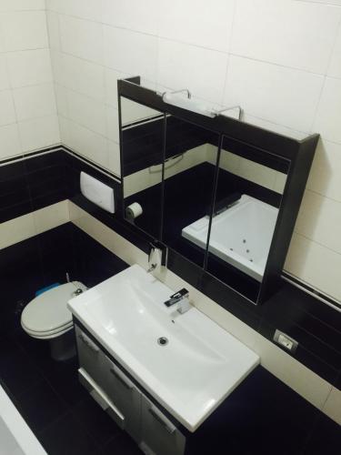 a bathroom with a sink and a toilet and a mirror at Godija Hotel & Suites in Velipojë