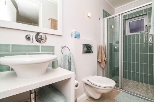 a bathroom with a toilet and a sink and a shower at The Anchor at Thesen Island in Knysna