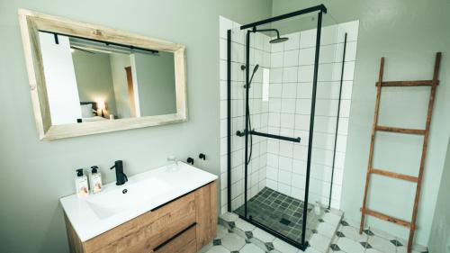 a bathroom with a sink and a shower with a mirror at Villa Chad Luxury Guesthouse in Kleinmond