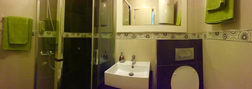 a bathroom with a toilet and a sink and a shower at Vip apartment Beograd in Belgrade