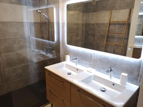 Un baño con lavabo, ducha y espejo. en Superbe Appartement 2 Chambres, en La Ciotat