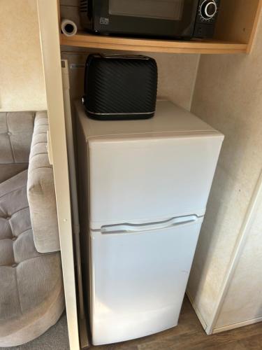 a white refrigerator in a room with a microwave at Golden palms meadow view in Chapel Saint Leonards