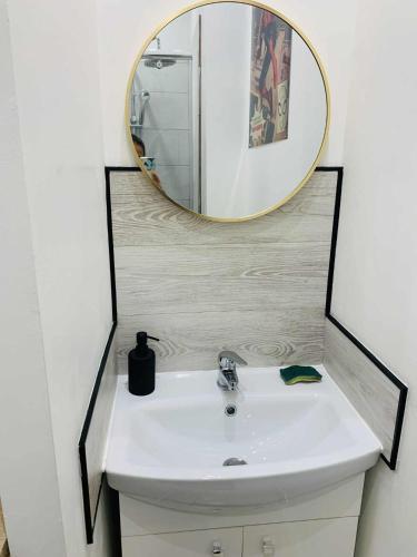 a bathroom with a sink and a mirror at Cosy T2 CLIM FIBRE Centre ville RDC in Marmande