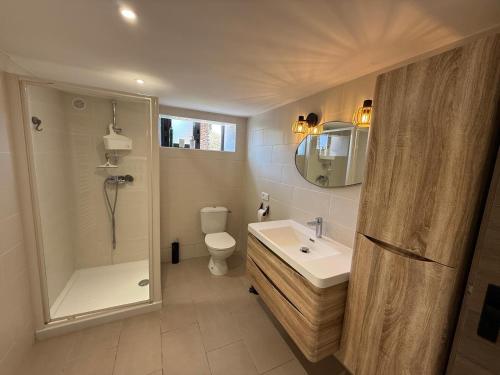 a bathroom with a sink and a shower and a toilet at villa NOESIS in Grosseto-Prugna