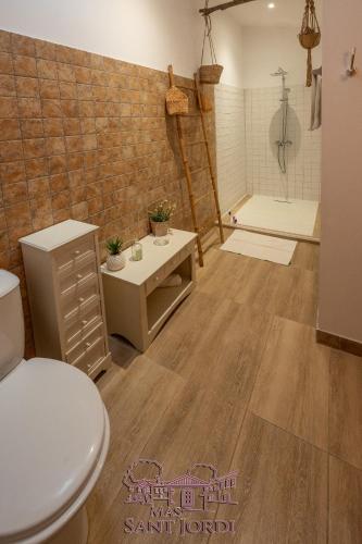a bathroom with a shower and a toilet and a sink at Mas Sant Jordi in Alénya