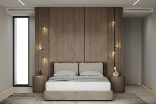a bedroom with a bed and wooden walls at Luxury Villa AZULIS Athos - Pool, Rooftop Terrace & Sea View and Elevator Access in Golfo Aranci