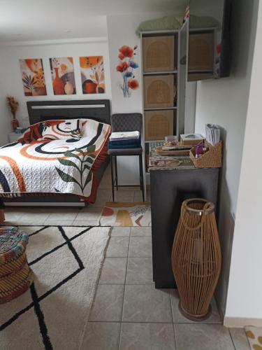 Saint-Maurice-de-BeynostにあるLe Cosy chicの部屋にベッドと机がある寝室