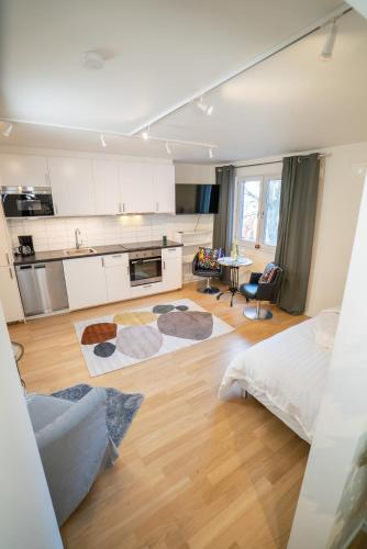 a room with a kitchen and a living room at Haga Studio, Super Location with Full Comfort in Gothenburg