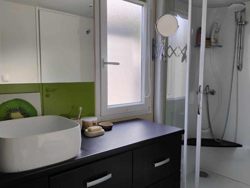 ein Badezimmer mit Badewanne, Waschbecken und Dusche in der Unterkunft La Terrasse du Lac in Sainte-Gemme