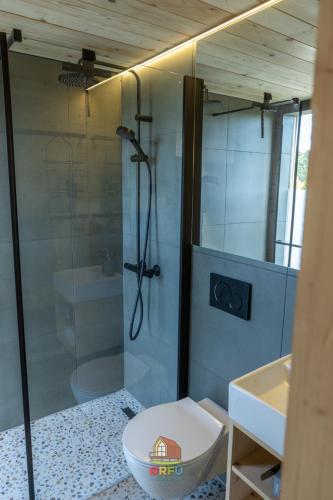 a bathroom with a shower and a toilet and a sink at Orfű Skandináv Kabin in Orfű