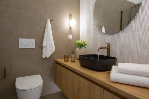 a bathroom with a sink and a toilet and a mirror at VV Luxury Villas in Lefkada Town