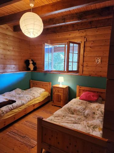 Un dormitorio con dos camas en una cabaña de madera. en Le Banhaut, en Les Diablerets