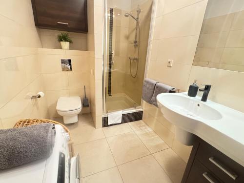 une salle de bain avec un lavabo, des toilettes et une douche dans l'établissement Apartament Wojskowa 3, à Poznań