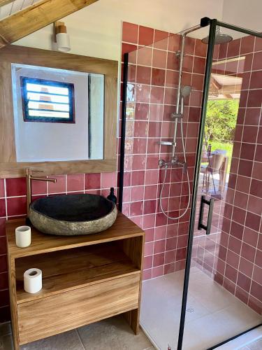 a bathroom with a tub and a shower with pink tiles at Caribbean Shelter in Bouillante
