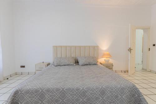 a bedroom with a large bed with a gray blanket at Zenitude Villa Moroccan style and quiet neighborhood in Agadir