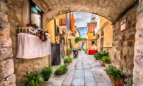 Un callejón en un edificio antiguo con plantas en la pared. en Dj Center Class, en Bari