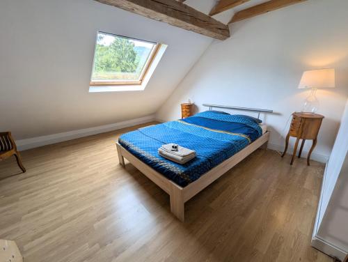 ein Schlafzimmer mit einem Bett und einem Fenster in der Unterkunft Triplex sur les hauteurs de Divonne in Divonne-les-Bains