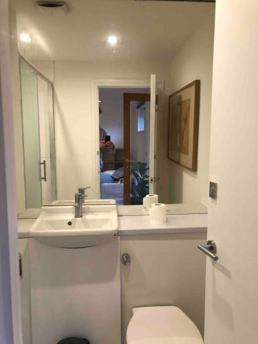 a white bathroom with a sink and a toilet at Self-contained studio with patio in Ware