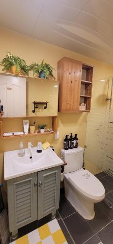a bathroom with a toilet and a sink at 감성 독채 매지헌 in Wonju
