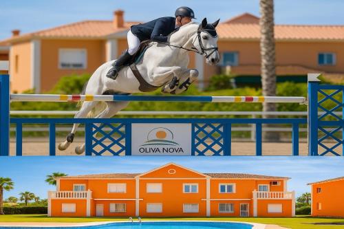 una persona montando un caballo saltando sobre un obstáculo en Oliva Nova Equestrian Apartment Next to MET Showground, en Oliva