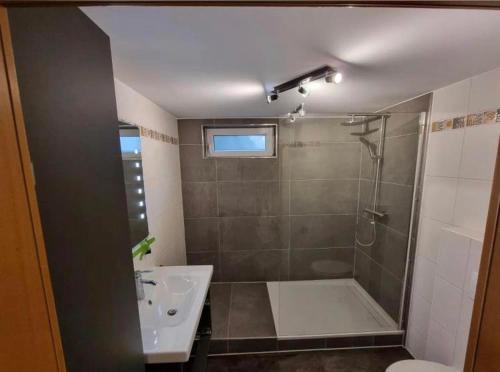 a bathroom with a shower and a sink at Hofschänke in Winden