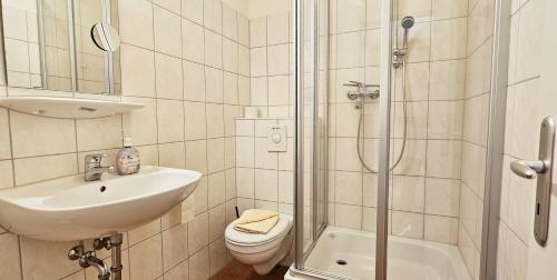 海利根达姆Mollibahnhof - Heiligendamm Mollibahnhof Heiligendamm EZ 03的浴室里有马桶、洗手池和淋浴。