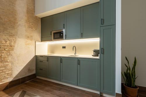 a kitchen with green cabinets and a sink at Apartamentos Gravina 31 in Seville