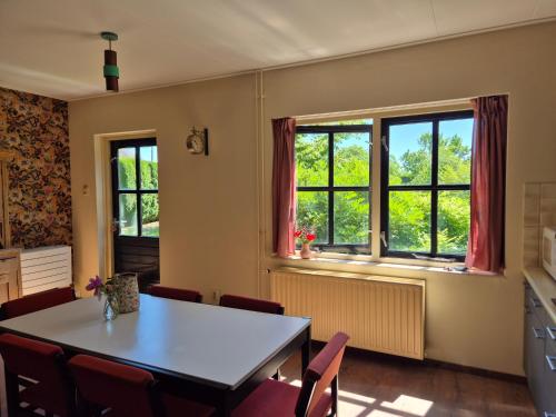 a dining room with a table and chairs and windows at Vakantiehuis Joghmanstuin in Kapel-Avezaath