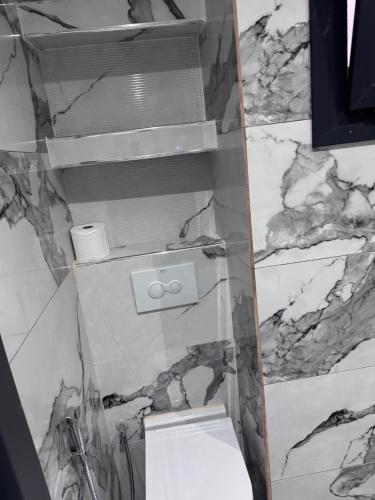 ダカールにあるResidence ACN 2Aのトイレと大理石の壁を備えたバスルーム