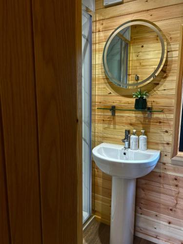 a bathroom with a sink and a mirror at Ballyhoura Glamping in Ballyorgan