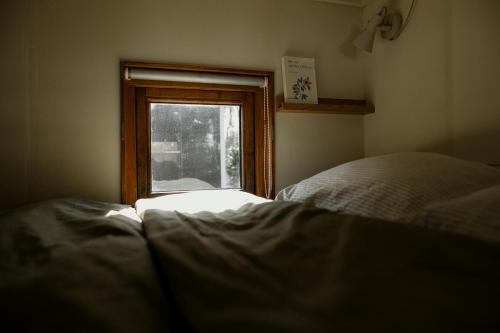 a bedroom with a bed and a window at Tiny House Alba - ervaar tiny house living in Diessen