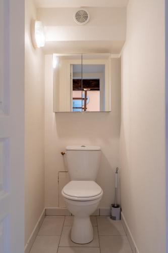 a white toilet in a bathroom with a mirror at Le Costa Brava - Hyper centre in Blois