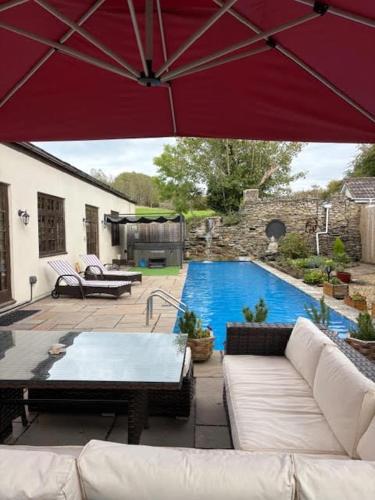 a large red umbrella over a patio with a pool at Olli's Summer House - Natural Pool & Jacuzzi optional in Bristol