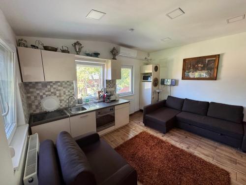 a living room with a couch and a kitchen at Badacsony Hegypanoráma Apartman in Badacsony