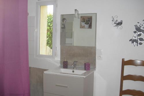 a bathroom with a sink and a mirror at Lou mas li Pitchoun "Le Prunier " in Gordes