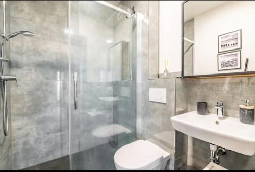 a bathroom with a shower and a toilet and a sink at Apartament KaJa in Rewal