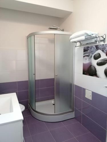 a glass shower in a bathroom with purple tiles at Pensiunea Curcubeu in Buşteni