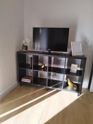 a black entertainment center with a flat screen tv on it at Casa da Nogueira in Paredes de Coura