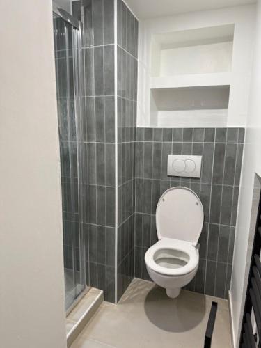 a small bathroom with a toilet and a shower at Le petit cardeur in Aix-en-Provence