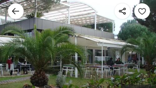 a building with tables and palm trees in front of it at A beautiful Beach House Gjiri Lalzit in Fushë-Draç
