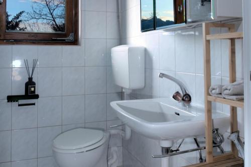 a white bathroom with a toilet and a sink at Apartment - Sleeps 3 - Balcony - Garden in Feldkirch