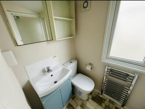 a bathroom with a toilet and a sink and a mirror at Static caravan, Golden Gate, Towyn, North Wales in Kinmel Bay