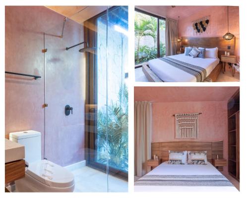 two pictures of a bathroom with a bed and a shower at Entorno Tulum - Luxury Villas in Tulum