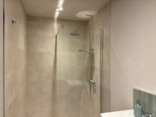 una ducha con puerta de cristal en un baño en apartment cavan, en Cavan