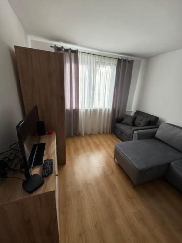a living room with a couch and a television at Stare Miasto 10 in Malbork
